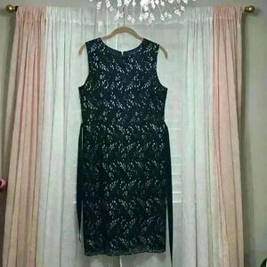 NWOT Tahari Navy Lace Overlay Silver Dress Sz 8 Item# 8Q